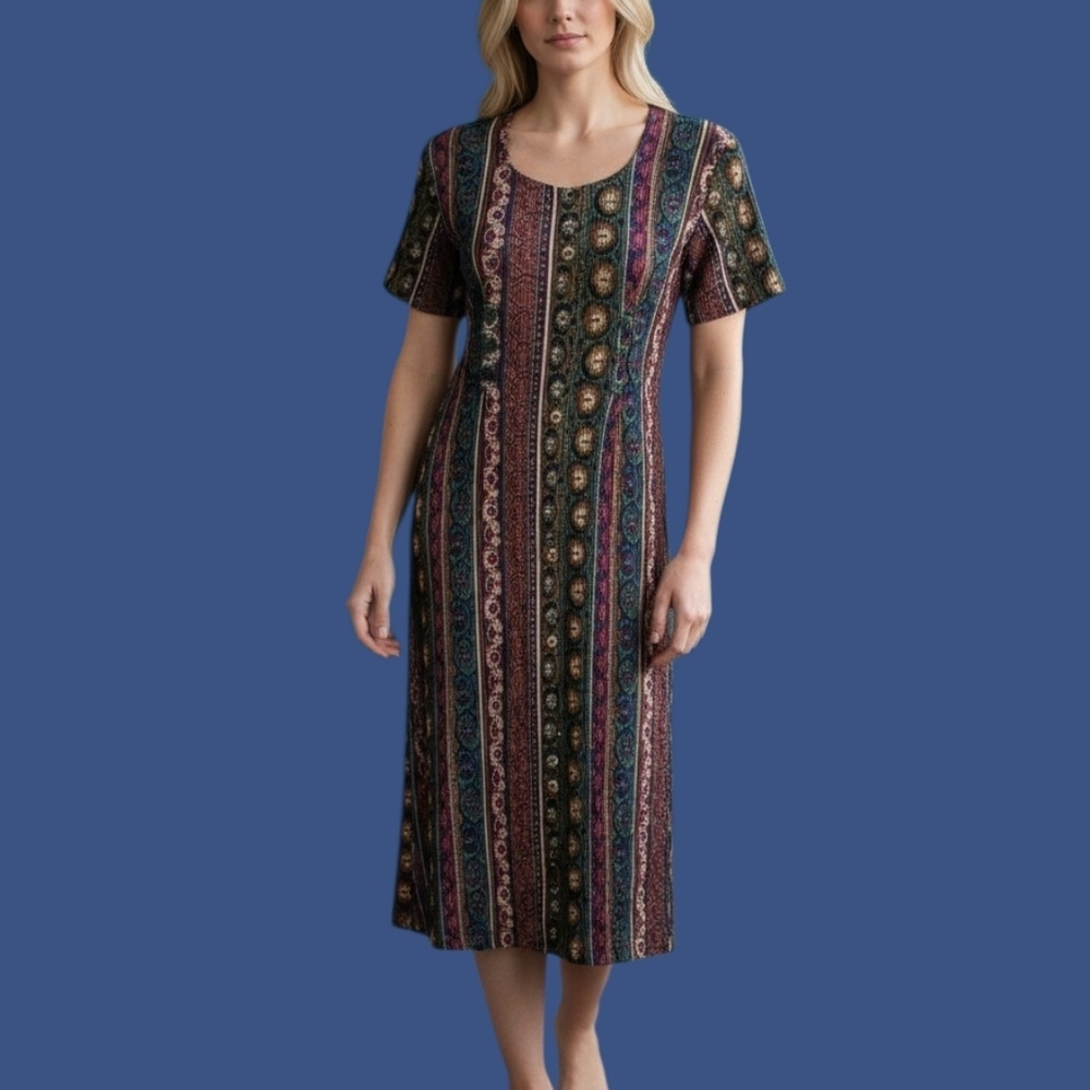 Vtg 1990s BETSY LAUREN Broomstick Floral Tribal Landgirl Shirt Dress